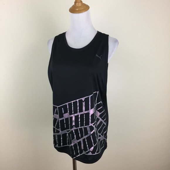PUMA Black Silver Glittery Large Logo Print Wide Armhole DRY CELL Tank Top - Picture 4 of 9